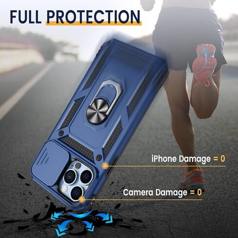 حافظة Goton Armor لهاتف iPhone 13 Pro Max مع حامل مع غطاء كاميرا منزلق ومسند عسكري مقاوم للصدمات شديد التحمل مع حامل مغناطيسي للسيارة لهاتف iPhone 13 Pro Max 6.7 أزرق in Kuwait