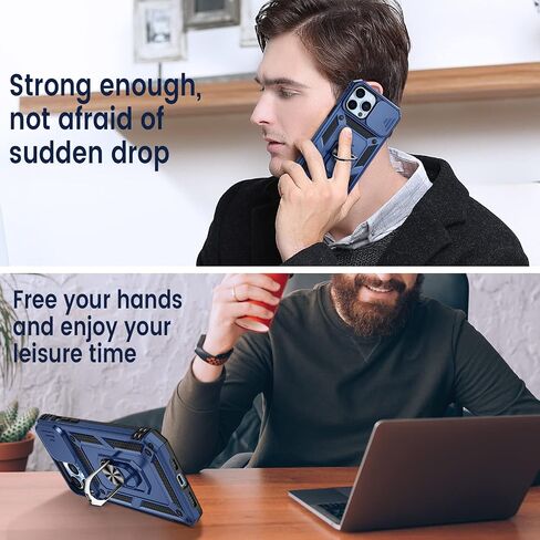 حافظة Goton Armor لهاتف iPhone 13 Pro Max مع حامل مع غطاء كاميرا منزلق ومسند عسكري مقاوم للصدمات شديد التحمل مع حامل مغناطيسي للسيارة لهاتف iPhone 13 Pro Max 6.7 أزرق in Kuwait