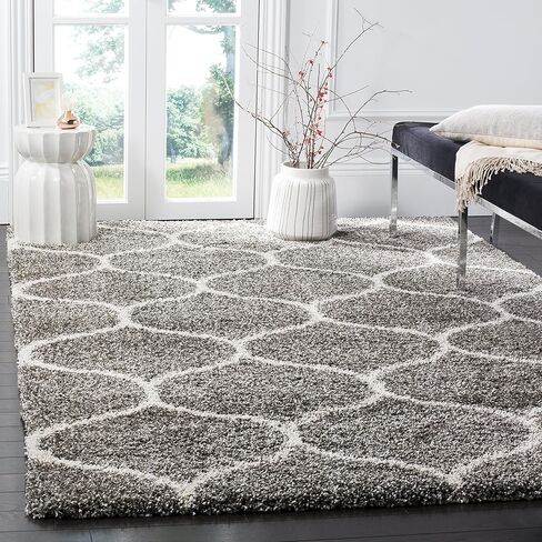 SAFAVIEH Hudson Shag Collection Area Rug - 8' x 10', Grey & Ivory, Moroccan Ogee Trellis Design, Non-Shedding & Easy Care, 2-inch Thick Ideal for High Traffic Areas in Living Room, Bedroom (SGH280B) in Saudi Arabia