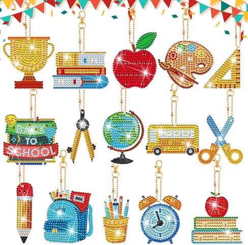 Batiyeer 15 قطعة العودة إلى المدرسة الماس اللوحة المفاتيح للأطفال الكبار موسم المدرسة 5D DIY الماس اللوحة الفن سلسلة المفاتيح ديكور سلسلة المفاتيح صنع عدة الماس حلقة رئيسية الماس الحلي الاكسسوارات الحرفية in Kuwait