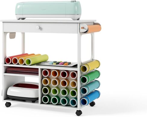 iVyne Craft Cart, Ultimate Organization & Storage Table for Cricut/Silhouette with Metal Rack, Craft Table with Storage, Workstation for Accessories, Berry, Vinyl Rolls, and More - White in Saudi Arabia