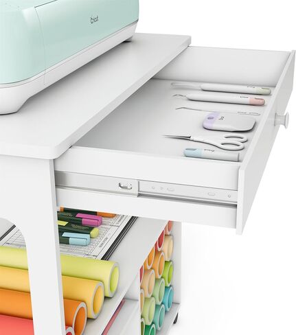 iVyne Craft Cart, Ultimate Organization & Storage Table for Cricut/Silhouette with Metal Rack, Craft Table with Storage, Workstation for Accessories, Berry, Vinyl Rolls, and More - White in Saudi Arabia