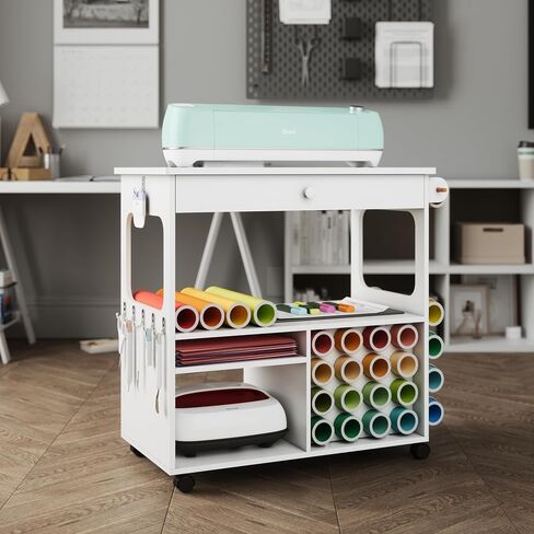 iVyne Craft Cart, Ultimate Organization & Storage Table for Cricut/Silhouette with Metal Rack, Craft Table with Storage, Workstation for Accessories, Berry, Vinyl Rolls, and More - White in Saudi Arabia