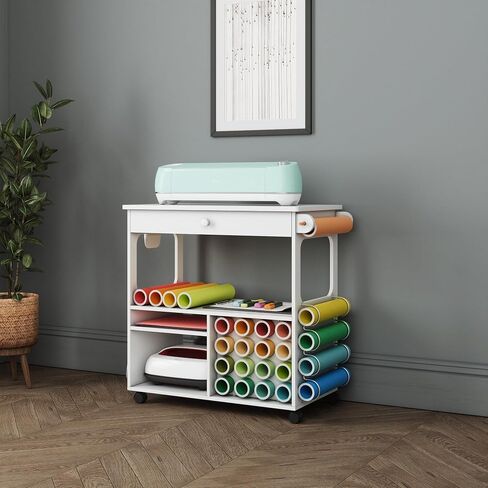 iVyne Craft Cart, Ultimate Organization & Storage Table for Cricut/Silhouette with Metal Rack, Craft Table with Storage, Workstation for Accessories, Berry, Vinyl Rolls, and More - White in Saudi Arabia