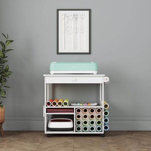 iVyne Craft Cart, Ultimate Organization & Storage Table for Cricut/Silhouette with Metal Rack, Craft Table with Storage, Workstation for Accessories, Berry, Vinyl Rolls, and More - White in Saudi Arabia