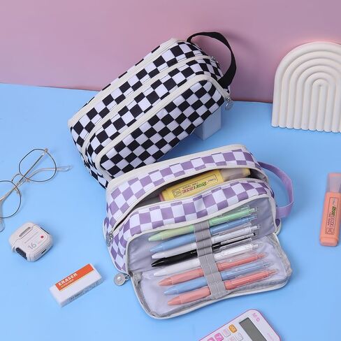 KITENROM حقيبة أقلام رصاص كبيرة حافظة أقلام حامل أقلام رصاص حقيبة أدوات مكتبية حقائب أقلام ذات سعة كبيرة منظم أقلام تلوين للسفر مستحضرات التجميل تخزين أسود أبيض مربعات منقوشة in Kuwait