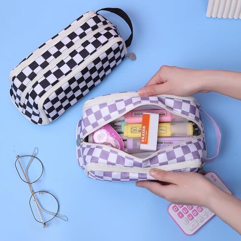 KITENROM حقيبة أقلام رصاص كبيرة حافظة أقلام حامل أقلام رصاص حقيبة أدوات مكتبية حقائب أقلام ذات سعة كبيرة منظم أقلام تلوين للسفر مستحضرات التجميل تخزين أسود أبيض مربعات منقوشة in Kuwait