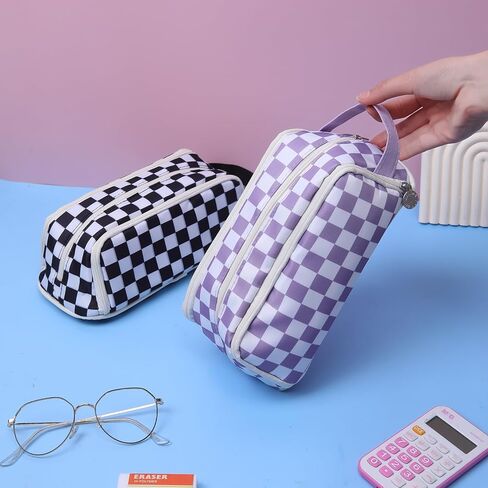 KITENROM حقيبة أقلام رصاص كبيرة حافظة أقلام حامل أقلام رصاص حقيبة أدوات مكتبية حقائب أقلام ذات سعة كبيرة منظم أقلام تلوين للسفر مستحضرات التجميل تخزين أسود أبيض مربعات منقوشة in Kuwait