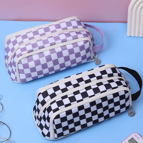 KITENROM حقيبة أقلام رصاص كبيرة حافظة أقلام حامل أقلام رصاص حقيبة أدوات مكتبية حقائب أقلام ذات سعة كبيرة منظم أقلام تلوين للسفر مستحضرات التجميل تخزين أسود أبيض مربعات منقوشة in Kuwait