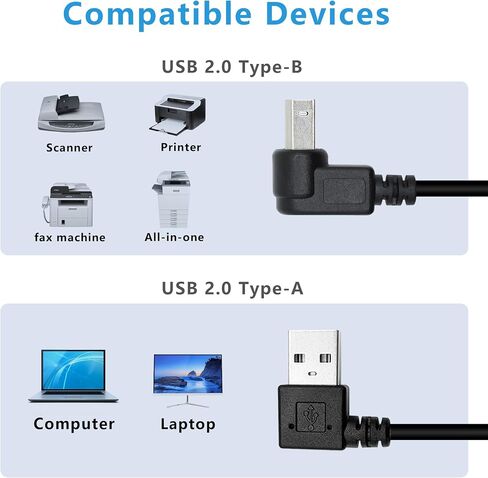 90 Degree Short USB Printer Cable 25CM Left Angle USB 2.0 Type A Male to Down Angle B Male Scanner Cable Cord(2 Pcs) in Kuwait