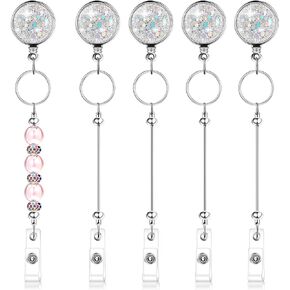 Ferreve 4 Pcs Beadable Badge Reels Blank Bar DIY Glitter Silver Retractable ID Name Badge Reel Clips Holder for Beads with Key Ring Backing Belt Clip Jewelry DIY Gift for Nurse Teacher Office Supplies