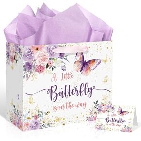 Butterfly Baby Shower Decorations Gift Bag for Baby Girl A Little Butterfly is On The Way Birthday Gift Bag with Wrapping Paper Purple Pink Floral Gift Bag for Baby Shower Birthday Party Supplies