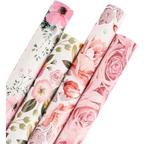 BIOBROWN Wrapping Paper Roll - 30 Inch x 10 Feet (4 Rolls: 100 sq. ft. ttl.) Floral Design Perfect for Birthday, Wedding, Bridal Showers, Christmas, Valentine's Day