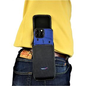 Nylon Phone Pouch for iPhone 15 Pro Max, 14 13 12 11 Pro Max Rugged W/Fixed Secure Holster, Belt Loop Clip Holder, Magnetic Closure, Fit Slim-fit Or Defender Case On Cell Phone (Black-Vertical)