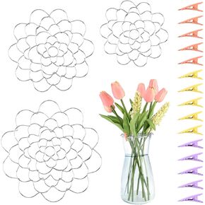 Flower Arrangement Holder, 3Pcs Wire Flower Different Sizes Arranging Tool, Equipped with 15 Mini Tip Clips Used for Organizing Plant Fixation, Reusable