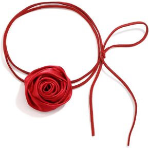 Silk Red Rose Flower Thin Long Chain Choker Velvet Necklace for Women Girls Wedding Prom Dainty Dressy Jewelry Banquet Necklace
