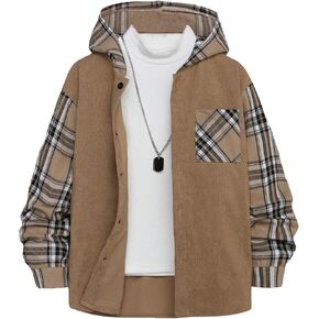 Floerns Boy's Plaid Print Long Sleeve Button Front Hooded Neck Shirts Top