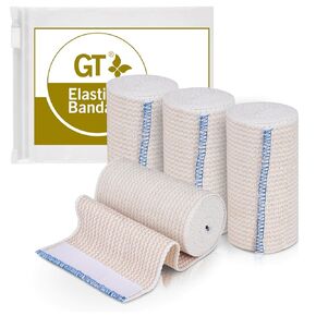 Premium Elastic Bandage Wrap (4" Wide, 4 Pack) - Made of USA Grown Organic Cotton - Hook & Loop Fastener at Both Ends - GT Latex Free Hypoallergenic Compression Roll for Sprains & Injuries