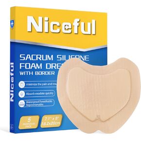Sacral Foam Dressing 7.1"×8", Sacrum Silicone Foam Dressing with Border, Bed Sore Bandages for Large Wound Care, HSA FSA Eligible, Pack of 5