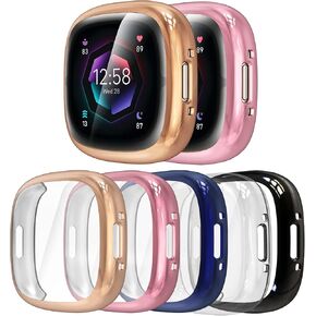 5 Pack Silicone Screen Protector Case Compatible with Fitbit Sense 2/Versa 4, Full Coverage HD Ultra-Thin TPU Bumper Case Compatible with Fitbit Versa 4/Sense 2, Clear/Black/Blue/Rose Gold/Pink