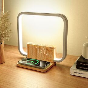 Table Lamp with 10W Wireless Charging, Alarm Clock for Heavy Sleepers, Wake-up Touch Light with Snooze, with 30/60/90 Timer, 10 Nature Sounds, 3 Dimming Bedside Alarm Clocks for Bedrooms