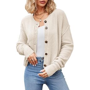 cosofme Fall Winter Long Sleeve Cable Knitted Color Block Sweater Cardigans for Women Oversized Cardigan with Pockets
