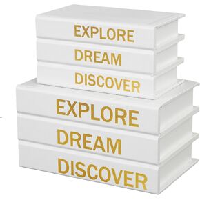 Deco 79 Canvas Decorative Box Faux Storage Book Book Shaped Boxes with Gold Enjoy, Every, Moment Text, Set of 2 Decorative Keepsake Boxes 11", 9"H, White
