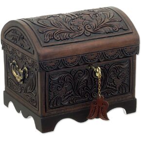 NOVICA Artisan Handmade Cedar Leather Decorative Box Floral Bird from Peru Brown Wood Accessories Boxes [7in H x 8.75in W x 7in D] ' Andean Flight'