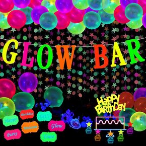 Glow Neon Party Supplies Glow Bar Banner Fluorescent Balloons Yellow Happy Birthday Cake Toppers Star Cupcake Toppers Fluorescent Table Tent Cards for Birthday Party