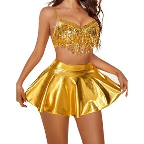 Avidlove Rave Outfits for Women Sequin Fringe Outfits Cosplay Lingerie 3pack Costume Set with Metallic Skirt