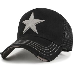 ililily Star Embroidery Black White Trucker Hat Cotton Baseball Cap
