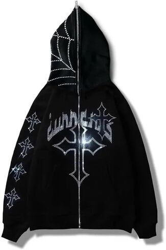Men's Cross Hoodies Y2K Full Zip Up Jacket Women Gothic Novelty Graphic oversized Vintage Cothes Harajuku Sweatshirts(Small,Black4) in Saudi Arabia