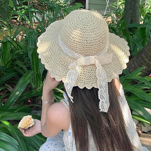 Summer Beach Sun Straw Hats for Women Wide Brim Packable Travel Bucket Hats UPF 50+ in Kuwait