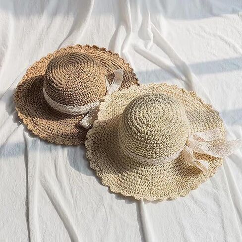 Summer Beach Sun Straw Hats for Women Wide Brim Packable Travel Bucket Hats UPF 50+ in Kuwait