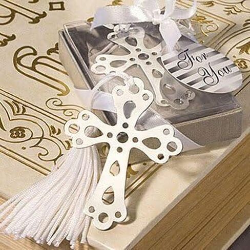 Akanbou(TM) Silver Cross Bookmarks with White Tassel: Metal Cross Bookmark Favors (Pack of 8) in Saudi Arabia