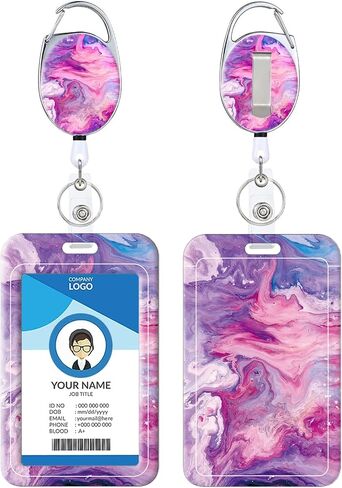 Badge Holder with Retractable Reel, Cute Badge Reel with Belt Clip Carabiner and Key Ring, Vertical Id Name Card Protector Cover Case for Office Worker Nurse Teacher Student (Pink Purple Marble) in Saudi Arabia