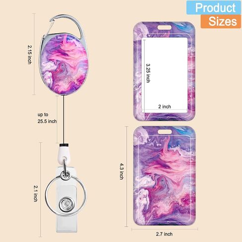 Badge Holder with Retractable Reel, Cute Badge Reel with Belt Clip Carabiner and Key Ring, Vertical Id Name Card Protector Cover Case for Office Worker Nurse Teacher Student (Pink Purple Marble) in Saudi Arabia