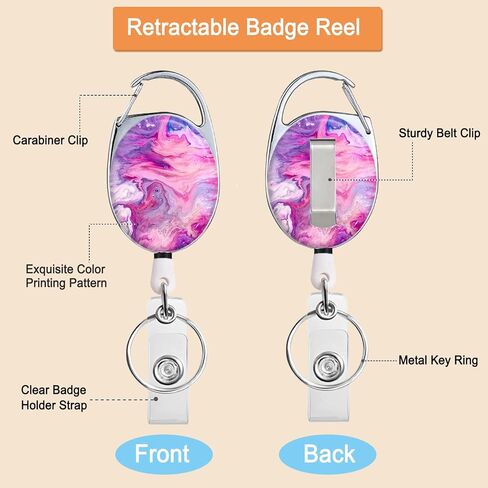 Badge Holder with Retractable Reel, Cute Badge Reel with Belt Clip Carabiner and Key Ring, Vertical Id Name Card Protector Cover Case for Office Worker Nurse Teacher Student (Pink Purple Marble) in Saudi Arabia