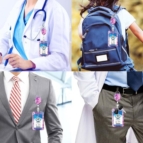 Badge Holder with Retractable Reel, Cute Badge Reel with Belt Clip Carabiner and Key Ring, Vertical Id Name Card Protector Cover Case for Office Worker Nurse Teacher Student (Pink Purple Marble) in Saudi Arabia
