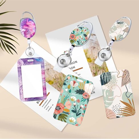 Badge Holder with Retractable Reel, Cute Badge Reel with Belt Clip Carabiner and Key Ring, Vertical Id Name Card Protector Cover Case for Office Worker Nurse Teacher Student (Pink Purple Marble) in Saudi Arabia