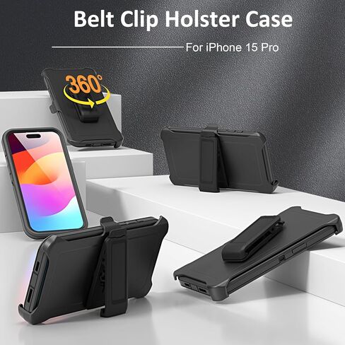 Compatible with iPhone 15 Pro Case, with Belt Clip Holster Heavy Duty Rugged Shockproof Full Body Protection Kickstand Cover for iPhone 15 Pro 6.1 inch Phone (Black) in Saudi Arabia