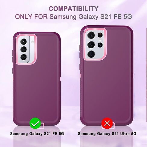حافظة I-HONVA لهاتف Samsung Galaxy S21 FE 5G مع حافظة بمشبك حزام مقاومة للصدمات والغبار/السقوط 3 طبقات حماية كاملة للجسم حافظة متينة شديدة التحمل لهاتف Galaxy S21 FE 5G 6.4 بوصة، أرجواني وردي in Saudi Arabia