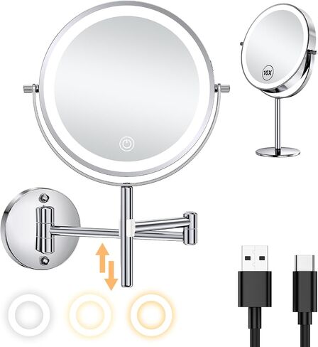 Benbilry Wall Mounted & Tabletop Lighted Makeup Mirror with 10X Magnification, Height Adjustable & 3 Color Dimmable lights, Rechargeable 8" Vanity Mirror, 360° Rotation 10X Magnifying Bathroom Mirror in Saudi Arabia