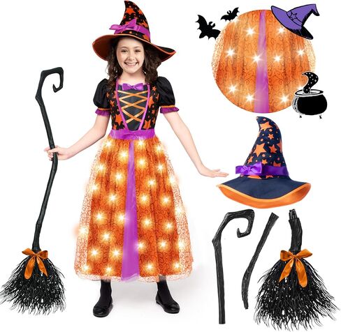 إبداعات Spooktacular تضيء زي الساحرة الأرجواني مع مكنسة للفتيات الصغيرات، فستان تنكري للهالوين الساحرة (صغير (5-7 سنوات)) in Kuwait