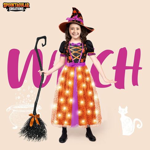 إبداعات Spooktacular تضيء زي الساحرة الأرجواني مع مكنسة للفتيات الصغيرات، فستان تنكري للهالوين الساحرة (صغير (5-7 سنوات)) in Kuwait