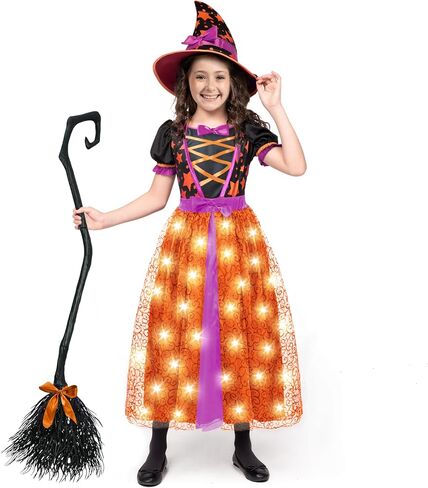 إبداعات Spooktacular تضيء زي الساحرة الأرجواني مع مكنسة للفتيات الصغيرات، فستان تنكري للهالوين الساحرة (صغير (5-7 سنوات)) in Kuwait