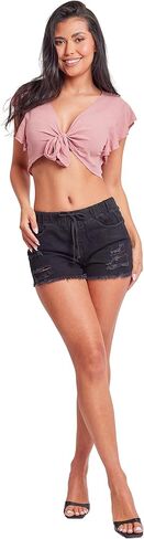 YMI Women's Dream High Rise Jean Joggers Shorts with Tie in Kuwait