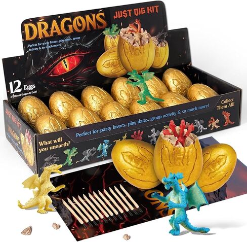 طقم حفر بيض التنين للأطفال - 12 مجموعة أدوات حفر بيض التنين - طقم حفر مع شخصيات لعبة تنين للأطفال بعمر 6 أولاد وبنات، هدية لعبة تعليمية للعلوم الجذعية لعمر 6 7 8 9 سنوات in Kuwait
