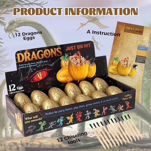 طقم حفر بيض التنين للأطفال - 12 مجموعة أدوات حفر بيض التنين - طقم حفر مع شخصيات لعبة تنين للأطفال بعمر 6 أولاد وبنات، هدية لعبة تعليمية للعلوم الجذعية لعمر 6 7 8 9 سنوات in Kuwait