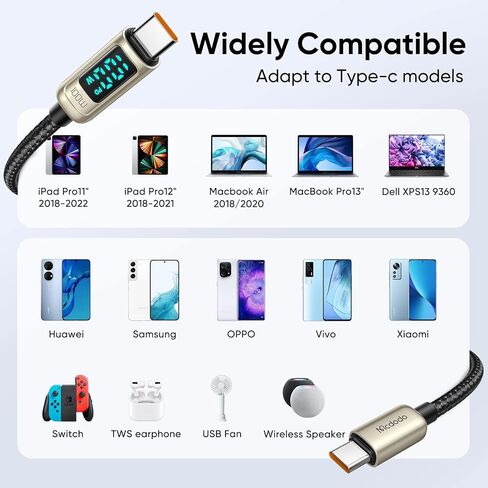 mcdodo USB C to USB C Cable 4ft Type C Charger Fast Charging Cable 100W with LED Display C Type Fast Charging Cable Nylon Braided USB-C Cord in Saudi Arabia